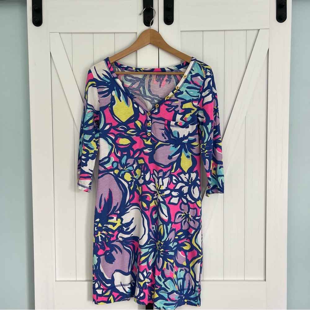 Lilly Pulitzer 3/4 Sleeve 100% Pima Cotton V-Neck T-Shirt Floral Dress Small